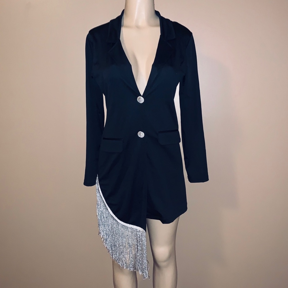 NWT black button down dress w/ silver fringe
